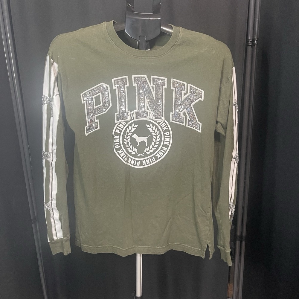 Victorias Secret PINK XS Bling Dog Long Sleeve Campus Tee Shirt Sequin 2018 RARE